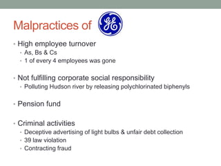 Malpractices of
• High employee turnover
  • As, Bs & Cs
  • 1 of every 4 employees was gone


• Not fulfilling corporate social responsibility
  • Polluting Hudson river by releasing polychlorinated biphenyls


• Pension fund


• Criminal activities
  • Deceptive advertising of light bulbs & unfair debt collection
  • 39 law violation
  • Contracting fraud
 