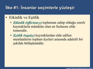 İlke #1: İnsanlar seçimlerle yüzleşir Etkinlik ve Eşitlik Etkinlik (efficiency)   toplumun sahip olduğu sınırlı kaynaklarla mümkün olan en fazlasını elde temesidir.   Eşitlik (equity)   kaynaklardan elde edilen menfaatlerin toplum üyeleri arasında adaletli bir şekilde bölüşümüdür. 