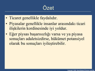 Özet Ticaret genellikle faydalıdır. Piyasalar genellikle insanlar arasındakı ticari ilişkilerin kordinesinde iyi yoldur. Eğer piysas başarısızlığı varsa ve ya piyasa sonuçları adaletsizdirse, hükümet potansiyel olarak bu sonuçları iyileştirebilir.  