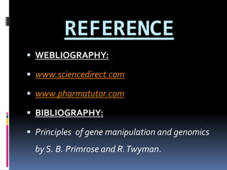 REFERENCE
 WEBLIOGRAPHY:
 www.sciencedirect.com
 www.pharmatutor.com
 BIBLIOGRAPHY:
 Principles of gene manipulation and genomics
by S. B. Primrose and R.Twyman.
 