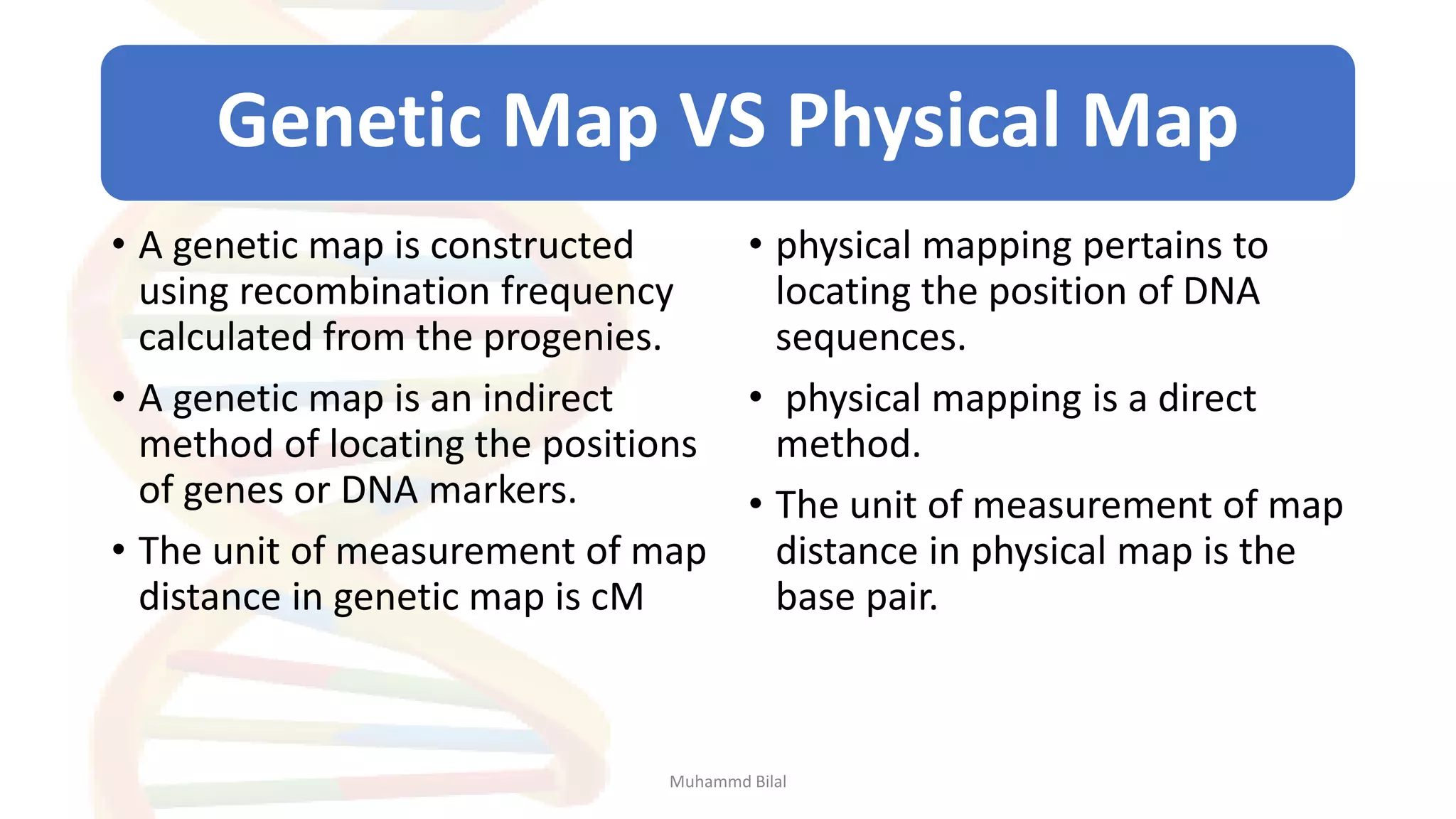 Genetic Map VS Physical Map
• A genetic map is constructed
using recombination frequency
calculated from the progenies.
• A genetic map is an indirect
method of locating the positions
of genes or DNA markers.
• The unit of measurement of map
distance in genetic map is cM
• physical mapping pertains to
locating the position of DNA
sequences.
• physical mapping is a direct
method.
• The unit of measurement of map
distance in physical map is the
base pair.
Muhammd Bilal
 