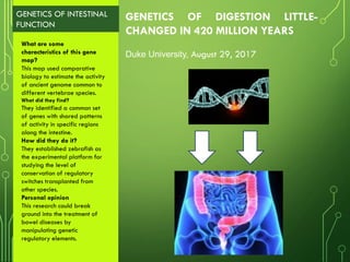 GENETICS OF INTESTINAL
FUNCTION
GENETICS OF DIGESTION LITTLE-
CHANGED IN 420 MILLION YEARS
Duke University, August 29, 2017
What are some
characteristics of this gene
map?
This map used comparative
biology to estimate the activity
of ancient genome common to
different vertebrae species.
What did they find?
They identified a common set
of genes with shared patterns
of activity in specific regions
along the intestine.
How did they do it?
They established zebrafish as
the experimental platform for
studying the level of
conservation of regulatory
switches transplanted from
other species.
Personal opinion
This research could break
ground into the treatment of
bowel diseases by
manipulating genetic
regulatory elements.
 