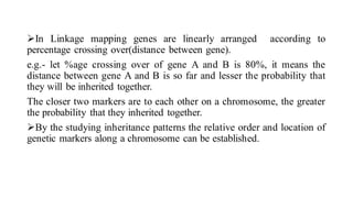 ➢In Linkage mapping genes are linearly arranged according to
percentage crossing over(distance between gene).
e.g.- let %a...