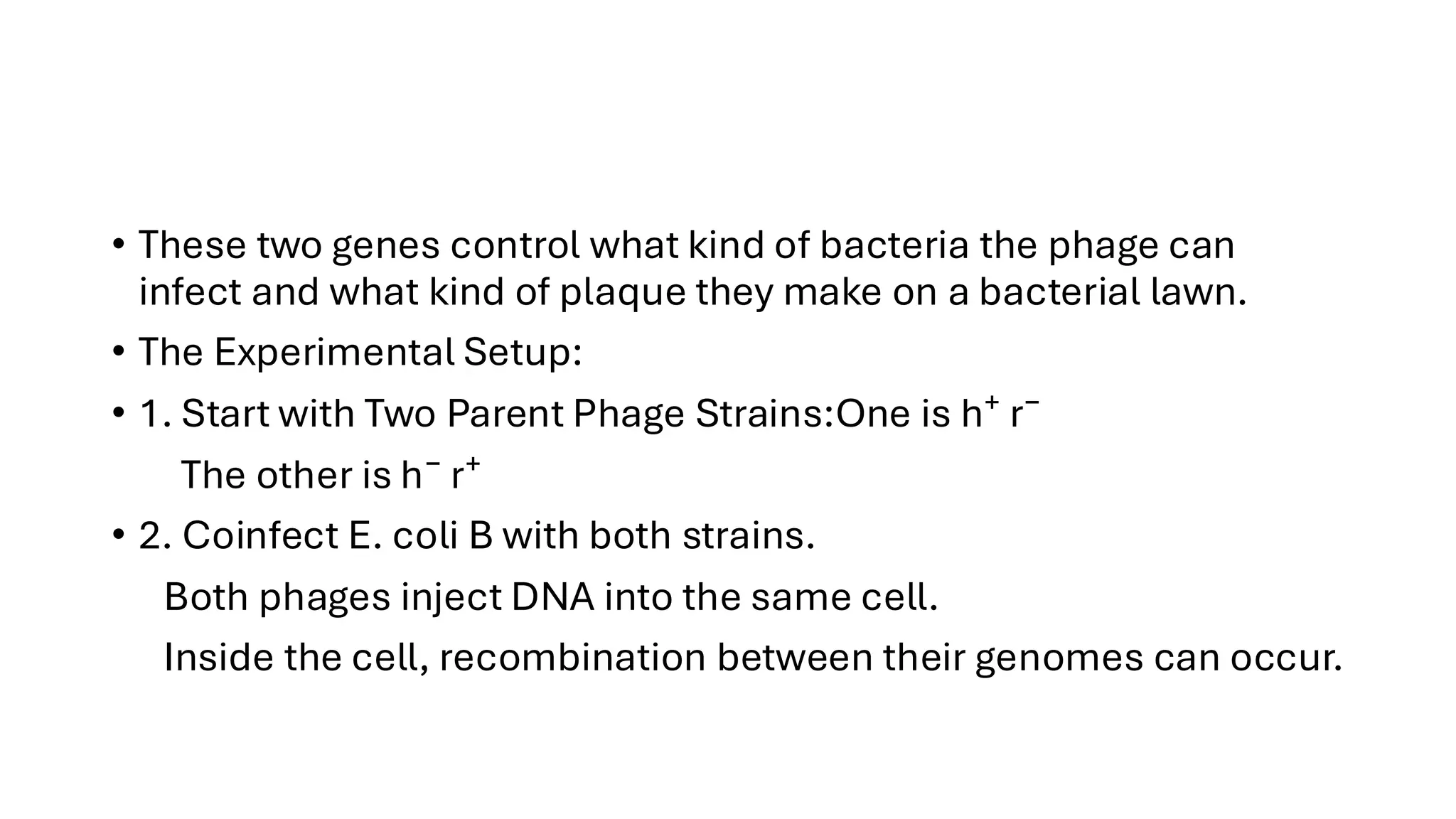 • These two genes control what kind of bacteria the phage can
infect and what kind of plaque they make on a bacterial lawn.
• The Experimental Setup:
• 1. Start with Two Parent Phage Strains:One is h⁺ r⁻
The other is h⁻ r⁺
• 2. Coinfect E. coli B with both strains.
Both phages inject DNA into the same cell.
Inside the cell, recombination between their genomes can occur.
 