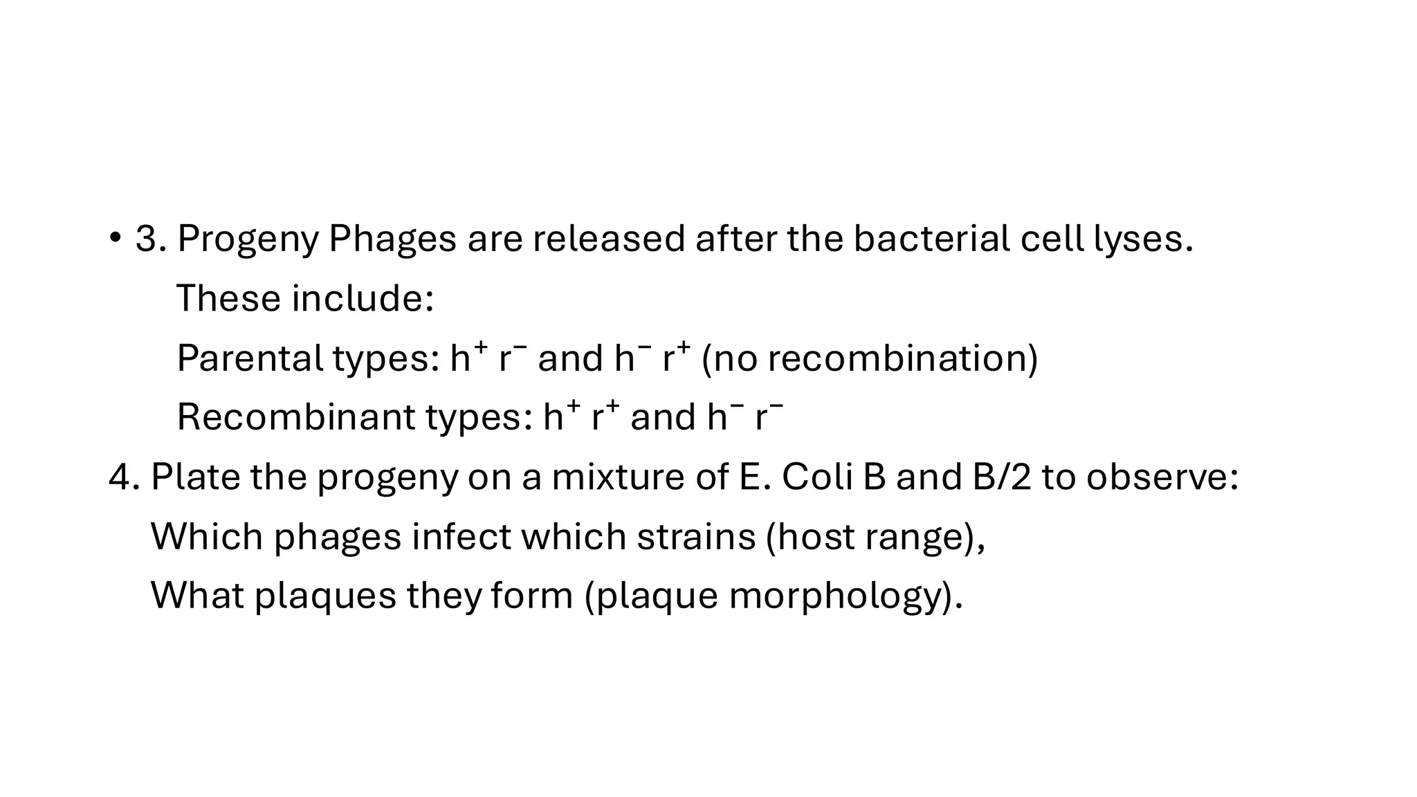 • 3. Progeny Phages are released after the bacterial cell lyses.
These include:
Parental types: h⁺ r⁻ and h⁻ r⁺ (no recombination)
Recombinant types: h⁺ r⁺ and h⁻ r⁻
4. Plate the progeny on a mixture of E. Coli B and B/2 to observe:
Which phages infect which strains (host range),
What plaques they form (plaque morphology).
 
