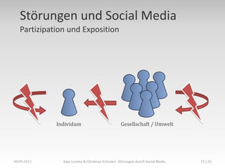 Störungen und Social Media
   Partizipation und Exposition




             Individum                           Gesellschaft / Umwelt




08.09.2011     Anja Lorenz & Christian Schieder: Störungen durch Social Media   15 | 26
 