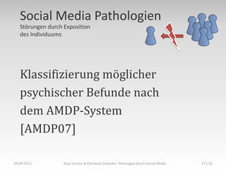 Social Media Pathologien
   Störungen durch Exposition
   des Individuums




   Klassifizierung möglicher
   psychischer Befunde nach
   dem AMDP-System
   [AMDP07]

08.09.2011         Anja Lorenz & Christian Schieder: Störungen durch Social Media   17 | 26
 