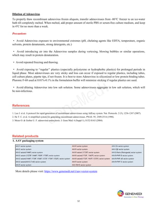 12
Dilution of Adenovirus
To properly thaw recombinant adenovirus frozen aliquots, transfer adenoviruses from -80℃ freezer to an ice-water
bath till completely melted. When melted, add proper amount of sterile PBS or serum-free culture medium, and keep
in 4℃ for no more than a week.
Precautions
· Avoid Adenovirus exposure to environmental extremes (pH, chelating agents like EDTA, temperature, organic
solvents, protein denaturants, strong detergents, etc.)
· Avoid introducing air into the Adenovirus samples during vortexing, blowing bubbles or similar operations,
which may result in protein denaturation.
· Avoid repeated freezing and thawing.
· Avoid exposing to “regular” plastics (especially polystyrene or hydrophobic plastics) for prolonged periods in
liquid phase. Most adenoviruses are very sticky and loss can occur if exposed to regular plastics, including tubes,
cell culture plates, pipette tips, if not frozen. It is best to store Adenovirus in siliconized or low protein binding tubes.
Pluronic F-68 used at 0.01%-0.1% in the formulation buffer will minimize sticking if regular plastics are used.
· Avoid diluting Adenovirus into low salt solution. Some adenoviruses aggregate in low salt solution, which will
be non-infectious.
References
1. Luo J. et al. A protocol for rapid generation of recombinant adenoviruses using AdEasy system. Nat. Protocols. 2 (5), 1236-1247 (2007).
2. He T. C. et al. A simplified system for generating recombinant adenoviruses. PNAS. 95, 2509-2514 (1998).
3. Meier O. & Greber U. F. adenovirus endocytosis. J. Gene Med. 6 (Suppl 1), S152-S163 (2004).
Related products
1. AAV packaging system
More details please visit: https://www.genemedi.net/i/aav-vector-system
GeneMedi
 