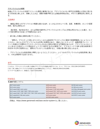 12
アデノウイルスの希釈
組換えアデノウイルス冷凍アリコットを適切に解凍するには、アデノウイルスを -80℃の冷凍庫から完全に溶ける
まで氷水浴に移します。溶解したときは、適量の無菌 PBS または無血清培地を加え、4℃で 1 週間以内に保存しま
す。
注意事項
· 極端な環境へのアデノウイルス曝露を避ける(pH、エッタなどのキレート剤、温度、有機溶剤、タンパク質変
性剤、強力な洗剤など)
· 渦の発生、泡の吹き付け、または同様の操作中にアデノウイルスサンプルに空気を導入することを避け、タン
パク質の変性を引き起こす可能性があります。
· 繰り返しの凍結と解凍を避けてください。
· 「通常の」プラスチック(特にポリスチレンまたは疎水性プラスチック)に液相で長期間曝露しないようにして
ください。ほとんどのアデノウイルスは非常に粘着性があり、凍結しないとチューブ、細胞培養プレート、ピ
ペット先端などの通常のプラスチックにさらされると損失が発生する可能性があります。アデノウイルスをシリ
コン化または低タンパク質結合チューブに保存するのが最善です。プラロニック F-68 を配合緩衝液で
0.01%~0.1%で使用すると、通常のプラスチックを使用すると、付着が最小限に抑えられます。
· アデノウイルスを低塩溶液に希釈しないようにしてください。いくつかのアデノウイルスは低塩溶液に集ま
り、それは感染性ではありません。
参照
1. ルオ J.ら。アデージーシステムを用いた組換えアデノウイルスの迅速な生成プロトコル。ナット。プロトコル。2(5),1236-1247(2007).
2. 彼。C.他。組換えアデノウイルスを生成するための簡略化されたシステムと、PNAS.95,2509-2514(1998).
3. マイヤー O.J.遺伝子メド。6(補足 1)、S152~S163(2004)。
関連製品
1.aav 包装システム
詳細は、https://www.genemedi.net/i/aav-vector-system をご覧ください。
 