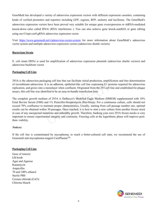 4
GeneMedi has developed a variety of adenovirus expression vectors with different expression cassettes, containing
kinds of verified promoters and reporters including GFP, zsgreen, RFP, mcherry and luciferase. The GeneMedi's
adenovirus expression vectors have been proved very suitable for unique gene overexpression or shRNA-mediated
knock-down (also called RNAi (RNA interference ). You can also achieve gene knock-out(KO) or gene editing
using our Crispr-cas9-gRNA adenovirus expression vector.
Visit https://www.genemedi.net/i/adenovirus-vector-system for more information about GeneMedi’s adenovirus
vector system and multiple adenovirus expression vectors (adenovirus shuttle vectors).
Bacterium Strain
E. coli strain DH5ɑ is used for amplification of adenovirus expression plasmids (adenovirus shuttle vectors) and
adenovirus backbone vector.
Packaging Cell Line
293A is the adenovirus packaging cell line that can facilitate initial production, amplification and titer determination
of recombinant adenovirus. It is an adherent, epithelial-like cell line expressing E1 proteins required for adenovirus
replication, and grows into a monolayer when confluent. Originated from the 293 cell line and established for plaque
assays, this cell line was identified to be an easy-to-handle transfection host.
The complete growth medium of 293A is Dulbecco's Modified Eagle Medium (DMEM) supplemented with 10%
Fetal Bovine Serum (FBS) and 1% Penicillin-Streptomycin (Pen-Strep). For a continuous culture, cells should not
exceed 70% confluence to maintain proper characteristics. Usually, starting from cell passage number one, optimal
results can be obtained within 30 passages. Once reached, it is best to start a new culture from another frozen stock
in case of any unexpected mutations and unhealthy growth. Therefore, banking your own 293A frozen stocks is very
important to ensure experimental integrity and continuity. Freezing cells at the logarithmic phase will improve post-
thaw viability.
Notices:
If the cell line is contaminated by mycoplasma, to reach a better-cultured cell state, we recommend the use of
Genemedi anti-mycoplasma reagent CurePlasmaTM
.
Packaging Cell Line
Gene of interest
LB broth
Agar and Agarose
Kanamycin
Ampicillin
70 and 100% ethanol
Sterile PBS
Cesium chloride (CsCl)
Chlorine bleach
GeneMedi
 