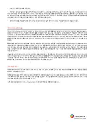 2
· 반복적인 얼음과 해동을 피하세요.
· 액상에서 장기간 '일반적' 플라스틱(특히 폴리스티렌이나 소수성 플라스틱)에 노출되지 않도록 하십시오. 대부분의 렌티바이
러스 바이러스는 매우 끈적끈적하며, 파이프, 세포 배양 판, 피펫 끝을 포함한 일반적인 플라스틱에 노출되면 손실이 발생할 수 있
다. 렌티바이러스를 실리콘화되거나 낮은 단백질 결합관에 저장하는 것이 좋다. Pluronic f-68 은 0.01%-0.1%의 배합 완충기에
서 사용되는 일반적인 플라스틱을 사용하는 경우 점착을 최소화합니다.
· 렌티바이러스를 저염용액으로 희석시키는 것을 피하세요. 일부 렌티바이러스는 저염용액에 모여 전염성이 없다.
렌티바이러스의 도입
렌티바이러스(lente-, 라틴에서 "느리다"는 뜻)는 인간이나 다른 포유동물의 긴 잠복기로 만성적이고 치명적인 질병을 유발하는
레트로바이러스의 속이다. 지금까지 5 개의 혈청군(영장류, 양과 염소, 말, 가정고양이, 소)과 관련된 척추동물의 숙주에 따라 인
식되었다. 그 중 영장류 렌티바이러스는 cd4 표면 단백질을 수용체로 이용하고 Dutase 의 부재로 구별된다 [2]. HIV-1 에서 유래
된 렌티바이러스는 상당한 양의 바이러스 cdna 를 숙주 게놈에 통합하여 안정적이고 장기적인 유전자 전환 발현을 매개하고 분할
세포와 비분할 세포에 효율적으로 감염시켜 렌티바이러스를 대부분의 세포 유형에서 매력적인 유전자 전달 수단으로 만들 수 있
다 [3].
HIV 유래형 렌티바이러스 매개체를 사용하는 과정에서 중요한 안전성 문제를 고려하여 재조합 렌티바이러스는 대부분의 세포 유
형에서 유전자 전달에 널리 사용되고 설계되었다. 유전자 제품을 체외 시스템이나 동물 모델에 도입하는 연구 도구로서, 렌티바이
러스 매개체는 고처리량 형식으로 유전자 발현을 하향 조절하거나 상향 조절하기 위해 대규모 노력에 투입되어 연구자들이 질병
모델 시스템에서 유전자 변환의 필요성과 효과를 검사할 수 있도록 하였는데, 이는 새로운 유전자 변환 약물을 발견하는 데 없어
서는 안 될 것이다.
오늘날 몇 세대의 렌티바이러스 포장 시스템이 개발되었는데, 그 중 제 2 세대 렌티바이러스 매개체와 제 3 세대 렌티바이러스 매
개체가 가장 인기있는 두 가지이다. 현재 genemedi 에서 재조합 렌티바이러스를 생산하는 방법은 3 개의 플라스미드 공동 전염
시스템을 기반으로 하여 3 개의 플라스미드(관심 유전자(GOI) pLv-GOI, 봉투 표현 플라스미드 pmd2g 및 포장 플라스미드
pspax2)를 293t 세포로 공동 전염시켜 렌티바이러스 매개체를 생성한다.
프로토콜 개요
재조합 렌티바이러스 생산에 대한 구조적 개요는 그림 1 과 같다. 첫 번째 단계는 관심 유전자(GOI)를 매개체가 포함된 적절한
ltr/mcs 로 복제하는 것이다.
재조합 발현 질립은 293t 세포로 공동으로 전염되며, 포장된 질립 pmd2g 와 포장된 질립 pspax2 는 293t 세포에서 렌티바이러
스의 복제와 포장에 필요한 모든 트랜스작용 인자를 공급한다. 재조합 렌티바이러스 입자는 감염된 293t 세포에서 제조되고 다양
한 포유류 세포에 감염되는 데 사용될 수 있다.
숙주 세포에 감염되면 바이러스 게놈 ssrna 는 이중 체계 DNA 로 전환되어야 합니다.
 