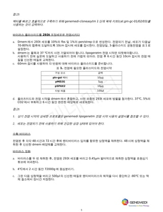 5
참고:
벡터를 빠르고 효율적으로 구축하기 위해 genemedi-cloneasytm 1 단계 복제 키트(cat.gm-gc-01/02/03)를
사용하는 것이 강력하다.
바이러스 플라스미드를 293t 포장세포로 전염시키다
a. Dmem 에서 293t 세포를 10%의 fbs 및 1%의 pen/strep 으로 번성한다. 전염되기 전날, 세포가 다음날
70-80%의 합류에 도달하도록 10cm 접시에 세포를 접시한다. 전염당일, 3-플라스미드 공동전염을 표 1 로
설정한다.
b. dmem 는 물욕과 37 ℃까지 사전 가열되어야 합니다. lipogenetm 전염 시약은 따뜻해야합니다.
사용하기 전에 실온에 도달하고 사용하기 전에 가볍게 섞어라. 전염 후 6 시간 동안 10cm 접시의 전염 매
질을 신선한 매질로 교체한다.
c. 60mm 접시를 사용하여 각 반응에 대해 바이러스 플라스미드를 준비합니다.
표 1. 전염에 필요한 플라스미드와 전염시약
구성 요소 금액
plv-goi 벡터 10μg
pMD2G 5μg
pSPAX2 10μg
지방 제품 100μl
d. 플라즈미드와 전염 시약을 dmem 에서 혼합하고, 사전 파종된 293t 세포에 방울을 첨가한다. 37℃, 5%의
CO2 에서 부화하고 6 시간 동안 완전한 배양체로 새로워한다.
참고:
1. 상기 전염 시약의 상세한 프로토콜은 genemedi lipogenetm 전염 시약 사용자 설명서를 참조할 수 있다.
2. 세포는 전염되기 전에 사용하기 위해 건강한 성장 상태에 있어야 한다.
수확 바이러스
전염된 후 각각 48 시간과 72 시간 후에 렌티바이러스 입자를 함유한 상청액을 채취한다. 48 시에 상청액을 채
취한 후 신선한 dmem 배양체를 교체한다.
바이러스 정화
a. 바이러스를 두 번 채취한 후, 전염된 293t 세포를 버리고 0.45μm 필터막으로 채취한 상청액을 초원심기
튜브에 여과한다.
b. 4℃에서 2 시간 동안 72000g 에 원심분리기.
c. 그런 다음 상청액을 버리고 500μl 의 신선한 매질로 렌티바이러스의 퇴적을 다시 중단하고 -80℃ 또는 액
체 질소에서 장시간 저장한다.
 