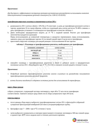 5
Примечание:
Для быстрого и эффективного построения векторов настоятельно рекомендуется использовать комплект
одноступенчатого клонирования genemedi-cloneasytm (Cat. GM-GC-01/02/03).
трансфекция вирусных плазмид в упаковочные клетки 293 т
a. размножаются 293 т клеток в dmem с 10% fbs и 1% пен/стреп. за день до трансфекции разложите клетки в
тарелку диаметром 10 см таким образом, чтобы на следующий день клетки достигли 70–80% слияния. в
день трансфекции установите 3-плазмидную ко-трансфекцию в качестве таблицы 1.
b. Дмем необходимо предварительно нагреть до 37 с водяной ванной. Реагент для трансфекции
℃
липогенетма нуждается в разогреве
Перед использованием до комнатной температуры и аккуратно перемешивать перед использованием.
заменить среду для трансфекции тарелки 10 см свежей средой через 6 часов после трансфекции.
c. приготовить вирусные плазмиды для каждой реакции с использованием 60 мм тарелки:
таблица 1. Плазмиды и трансфекционные реагенты, необходимые для трансфекции.
компонент, компонент сумма суммы
вектор plv-goi 10 мкг
ПМД 2 г 5 мкг
ПСПАК 2 10 мкг
липогенетм 100 мкл
d. смешайте плазмиды с трансфекционным реагентом в dmem и добавьте капли в предварительно
посеянные клетки 293 т. Инкубируйте при 37 , 5% CO2 и освежите полной средой в течение 6 часов.
℃
Примечание:
1. Подробный протокол трансфекционного реагента можно ссылаться на руководство пользователя
трансфекционного реагента genemedi lipogenetm.
2. клетки должны находиться в здоровом состоянии роста для использования до трансфекции.
вирус сбора урожая
собрать супернатант, содержащий частицы лентивируса, через 48 и 72 часа после трансфекции
соответственно. Замените свежую среду dmem после сбора супернатанта через 48 часов.
очистка вируса
a. после дважды сбора вируса выбросите трансфекцированные клетки 293 т и фильтруйте собранный
супернатант фильтрующей мембраной 0,45 мкм в ультрацентрифужную трубку.
b. Центрифуга при 7 ~ 2000 г при 4 в течение 2 часов.
℃
c. затем выбросите супернатанты и повторно приостановите отложение лентивируса 500 мкл свежей среды
и храните при -80 или в жидком азоте в течение длительного времени.
℃
 