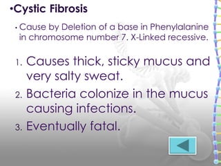 1. Causes thick, sticky mucus and
very salty sweat.
2. Bacteria colonize in the mucus
causing infections.
3. Eventually fatal.
• Cause by Deletion of a base in Phenylalanine
in chromosome number 7. X-Linked recessive.
•Cystic Fibrosis
 