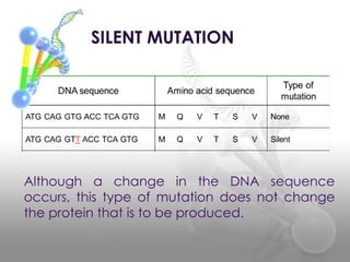 SILENT MUTATION
Although a change in the DNA sequence
occurs, this type of mutation does not change
the protein that is to be produced.
 