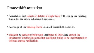 Frameshift mutation
• A mutation that inserts or deletes a single base will change the reading
frame for the entire subsequent sequence.
• A change of the reading frame is called frameshift mutation.
• Induced by acridine compound that binds to DNA and distort the
structure of double helix causing additional bases to be incorporated or
omitted during replication.
 