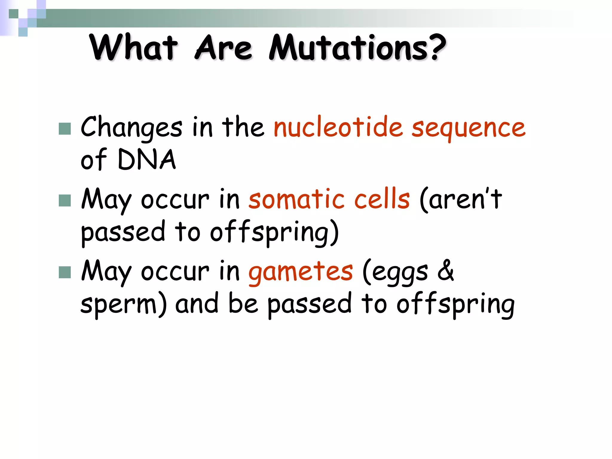 What Are Mutations?
 Changes in the nucleotide sequence
of DNA
 May occur in somatic cells (aren’t
passed to offspring)
 May occur in gametes (eggs &
sperm) and be passed to offspring
 