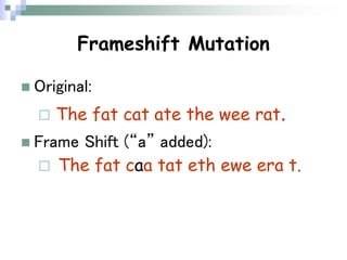 Frameshift Mutation
 Original:
 The fat cat ate the wee rat.
 Frame Shift (“a” added):
 The fat caa tat eth ewe era t.
 