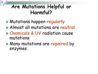 Are Mutations Helpful or
Harmful?
 Mutations happen regularly
 Almost all mutations are neutral
 Chemicals & UV radiation cause
mutations
 Many mutations are repaired by
enzymes
 