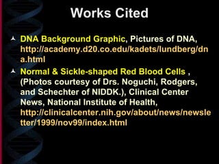 Works Cited
 DNA Background Graphic, Pictures of DNA,
http://academy.d20.co.edu/kadets/lundberg/dn
a.html
 Normal & Sickle-shaped Red Blood Cells ,
(Photos courtesy of Drs. Noguchi, Rodgers,
and Schechter of NIDDK.), Clinical Center
News, National Institute of Health,
http://clinicalcenter.nih.gov/about/news/newsle
tter/1999/nov99/index.html
 