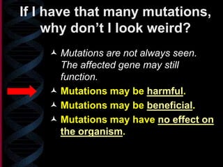 If I have that many mutations,
why don’t I look weird?
 Mutations are not always seen.
The affected gene may still
function.
 Mutations may be harmful.
 Mutations may be beneficial.
 Mutations may have no effect on
the organism.
 