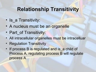 Relationship Transitivity
• Is_a Transitivity:
• A nucleus must be an organelle
• Part_of Transitivity:
• All intracellula...