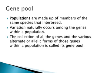  Populations are made up of members of the
same species that interbreed.
 Variation naturally occurs among the genes
within a population.
 The collection of all the genes and the various
alternate or allelic forms of those genes
within a population is called its gene pool.
 