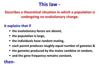 This law -
Describes a theoretical situation in which a population is
undergoing no evolutionary change.
It explains that if
 the evolutionary forces are absent,
 the population is large,
 the individuals have random mating,
 each parent produces roughly equal number of gametes &
 the gametes produced by the mates combine at random,
 and the gene frequency remains constant,
then-
 