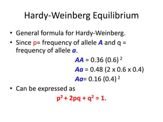 Hardy-Weinberg Equilibrium
• General formula for Hardy-Weinberg.
• Since p= frequency of allele A and q =
frequency of allele a.
AA = 0.36 (0.6) 2
Aa = 0.48 (2 x 0.6 x 0.4)
Aa= 0.16 (0.4) 2
• Can be expressed as
p2 + 2pq + q2 = 1.
 