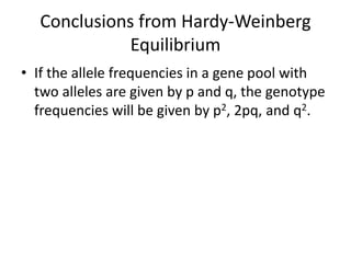 Conclusions from Hardy-Weinberg
Equilibrium
• If the allele frequencies in a gene pool with
two alleles are given by p and q, the genotype
frequencies will be given by p2, 2pq, and q2.
 