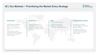 02 | Our Markets − Prioritising the Market Entry Strategy
6
1. GeneType for Breast Cancer and Colorectal Cancer certified for sale via online sales platform
Australia & New Zealand
Certification by Australian
regulators NATA, to sell into the
Australian market
Two products1 currently
certified and further products
expected to be submitted in
next 12 months
Asia
(Inc. SEA, China and India)
H2 2021 to commence a
scoping and Prioritising a
market entry strategy into Asia
Europe & UK
Looking to commence CE
certification with the view of
entering the European market
with our novel genetic risk tests
in CY2021
United States
Certification by US regulators
CLIA to sell into the USA
Colorectal launched March
2021
Two products1 currently
certified with further products
expected to be submitted in
next 12 months
 