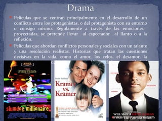  Películas que se centran principalmente en el desarrollo de un
conflicto entre los protagonistas, o del protagonista con su entorno
o consigo mismo. Regulamente a través de las emociones
proyectadas, se pretende llevar al espectador al llanto o a la
reflexión.
 Películas que abordan conflictos personales y sociales con un talante
y una resolución realistas. Historias que tratan las cuestiones
decisivas en la vida, como el amor, los celos, el desamor, la
necesidad de cariño, la experiencia de paternidad o maternidad, el
dolor, etc.
 Por: Lic. Patricia Solar
 