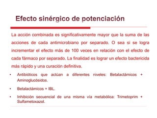 La acción combinada es significativamente mayor que la suma de las
acciones de cada antimicrobiano por separado. O sea si se logra
incrementar el efecto más de 100 veces en relación con el efecto de
cada fármaco por separado. La finalidad es lograr un efecto bactericida
más rápido y una curación definitiva.
• Antibióticos que actúan a diferentes niveles: Betalactámicos +
Aminoglucósidos.
• Betalactámicos + IBL.
• Inhibición secuencial de una misma vía metabólica: Trimetoprim +
Sulfametoxazol.
 