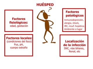 HUÉSPED
Factores
fisiológicos:
edad, gestación
Factores locales:
(condiciones del foco)
Pus, pH,
cuerpo extraño
Localización
de la infección
SNC, vías biliares,
Renal, etc
Factores
patológicos
Inmunodepresión,
alergia, shock,
IRC, insuf. hepática.
Ambiente o lugar
 