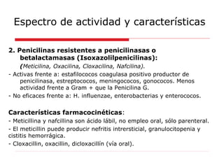 Espectro de actividad y características
2. Penicilinas resistentes a penicilinasas o
betalactamasas (Isoxazolilpenicilinas):
(Meticilina, Oxacilina, Cloxacilina, Nafcilina).
- Activas frente a: estafilococos coagulasa positivo productor de
penicilinasa, estreptococos, meningococos, gonococos. Menos
actividad frente a Gram + que la Penicilina G.
- No eficaces frente a: H. influenzae, enterobacterias y enterococos.
Características farmacocinéticas:
- Meticillina y nafcillina son ácido lábil, no empleo oral, sólo parenteral.
- El meticillin puede producir nefritis intrersticial, granulocitopenia y
cistitis hemorrágica.
- Cloxacillin, oxacillin, dicloxacillín (vía oral).
 
