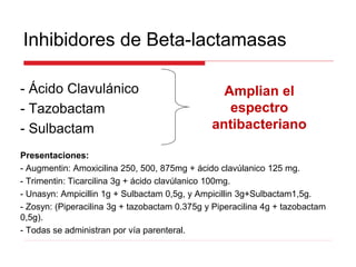 Inhibidores de Beta-lactamasas
- Ácido Clavulánico
- Tazobactam
- Sulbactam
Presentaciones:
- Augmentin: Amoxicilina 250, 500, 875mg + ácido clavúlanico 125 mg.
- Trimentin: Ticarcilina 3g + ácido clavúlanico 100mg.
- Unasyn: Ampicillin 1g + Sulbactam 0,5g, y Ampicillin 3g+Sulbactam1,5g.
- Zosyn: (Piperacilina 3g + tazobactam 0.375g y Piperacilina 4g + tazobactam
0,5g).
- Todas se administran por vía parenteral.
Amplian el
espectro
antibacteriano
 