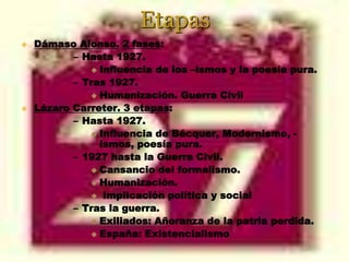 Etapas
 Dámaso Alonso. 2 fases:
– Hasta 1927.
 Influencia de los –ismos y la poesía pura.
– Tras 1927.
 Humanización. Guerra Civil
 Lázaro Carreter. 3 etapas:
– Hasta 1927.
 Influencia de Bécquer, Modernismo, -
ismos, poesía pura.
– 1927 hasta la Guerra Civil.
 Cansancio del formalismo.
 Humanización.
 Implicación política y social
– Tras la guerra.
 Exiliados: Añoranza de la patria perdida.
 España: Existencialismo
 