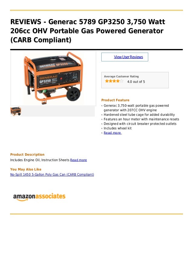 Generac 5789 gp3250 3,750 watt 206cc ohv portable gas powered generat…