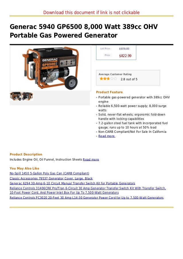 Generac 5940 gp6500 8,000 watt 389cc ohv portable gas powered generator