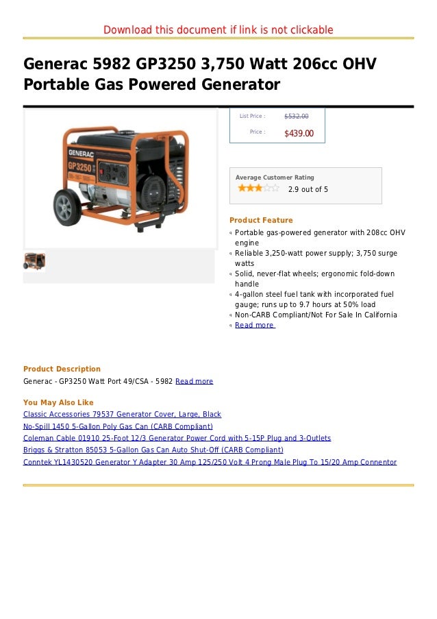 Generac 5982 gp3250 3,750 watt 206cc ohv portable gas powered generator