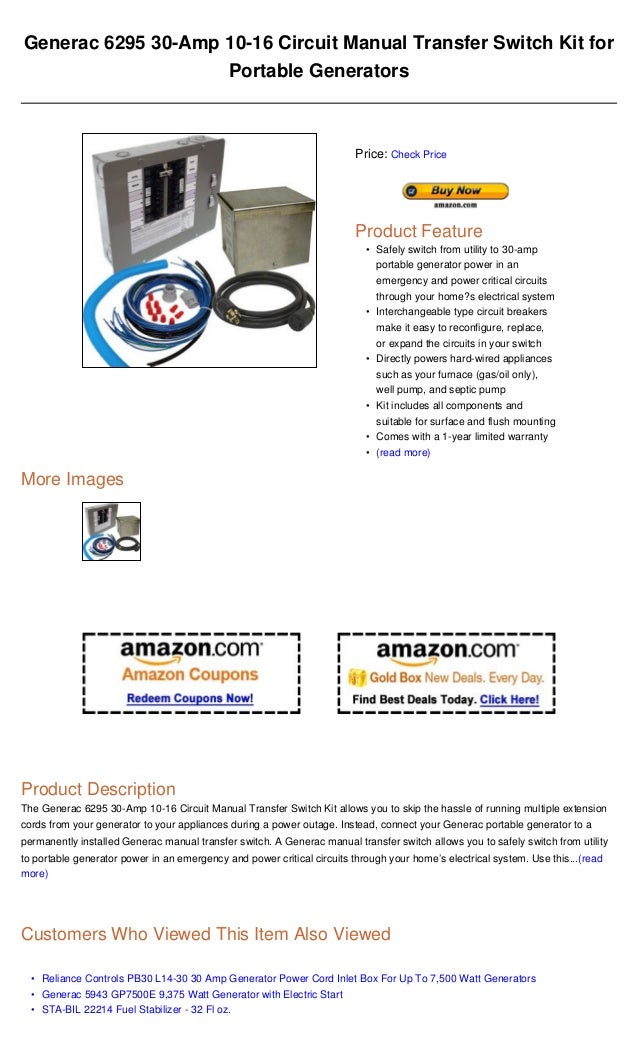 Generac 6295 30 amp 1016 circuit manual transfer switch kit for