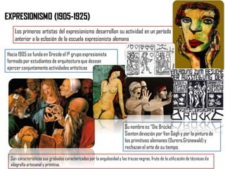 EXPRESIONISMO (1905-1925)
Los primeros artistas del expresionismo desarrollan su actividad en un período
anterior a la eclosión de la escuela expresionista alemana
Hacia 1905 se funda en Dresde el 1º grupo expresionista
formado por estudiantes de arquitecturaque desean
ejercerconjuntamente actividades artísticas
Su nombre es “Die Brücke”.
Sienten devoción por Van Gogh y por la pintura de
los primitivos alemanes (Durero,Grünewald)y
rechazan el arte de su tiempo.
Son característicos sus grabadoscaracterizadospor la angulosidady las trazasnegras,fruto de la utilizaciónde técnicasde
xilografía artesanaly primitiva.
 