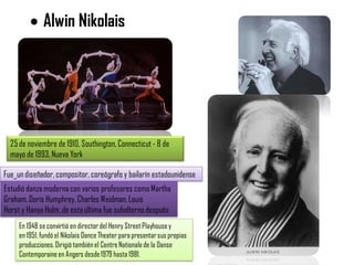  Alwin Nikolais
25de noviembre de 1910, Southington, Connecticut - 8 de
mayo de 1993, Nueva York
Fue_un diseñador, compositor, coreógrafo y bailarín estadounidense
Estudió danza modernacon varios profesores como Martha
Graham, Doris Humphrey, Charles Weidman, Louis
Horst y Hanya Holm, de esta última fue subalterno después
En 1948 se convirtió en director del Henry Street Playhouse y
en 1951,fundó el Nikolais Dance Theater para presentarsus propias
producciones.Dirigió tambiénel CentreNationalede la Danse
Contemporaine en Angers desde1979 hasta 1981.
 