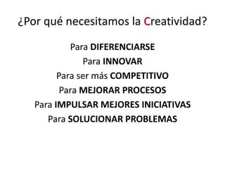 ¿Por qué necesitamos la Creatividad?
Para DIFERENCIARSE
Para INNOVAR
Para ser más COMPETITIVO
Para MEJORAR PROCESOS
Para IMPULSAR MEJORES INICIATIVAS
Para SOLUCIONAR PROBLEMAS
 