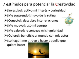 7 estímulos para potenciar la Creatividad
¡Investigo!: activo mi interés y curiosidad
¡Me sorprendo!: huyo de la rutina
¡Conecto!: descubro interrelaciones
¡Me muevo!: uso mi cuerpo
¡Me valoro!: reconozco mi singularidad
¡Quiero!: beneficio al mundo con mis actos
¡Lo hago!: me atrevo a hacer aquello que
quiero hacer
 