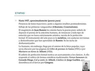 ETAPAS Hasta 1927, aproximadamente (poesía pura) Presencia de tonos  bequerianos , junto a algunos resabios postmodernistas. Influjo de las primeras vanguardias ( Ultraísmo ,  Creacionismo ). El magisterio de  Juan Ramón  los orienta hacia la poesía pura: anhelo de depurar el poema de la anécdota humana, de renunciar a todo tipo de emoción que no fuera estrictamente artística, nacida de la perfección formal. El instrumento del arte puro es la  metáfora , con audacias novísimas y deslumbrantes que han aprendido de  Ramón . Se les tacha de deshumanizados.  Lo humano, sin embargo, llega por el camino de la lírica popular, cuya savia discurre por las páginas de  Libro de poemas  de  Lorca  (1921) o por  Marinero en tierra  de  Alberti  (1924). El anhelo de perfección formal motiva un acercamiento a los clásicos. A ello responde el cultivo de formas estróficas tradicionales:  Versos humanos  de  Gerardo Diego ,  Cal y canto  de  Alberti ,  Cántico  de  Jorge Guillén , que desemboca en el fervor por  Góngora . 