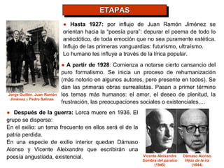 ETAPAS
                                          ETAPAS
                            ● Hasta 1927: por influjo de Juan Ramón Jiménez se
                            orientan hacia la “poesía pura”: depurar el poema de todo lo
                            anécdótico, de toda emoción que no sea puramente estética.
                            Influjo de las primeras vanguardias: futurismo, ultraísmo.
                            Lo humano les influye a través de la lírica popular.
                            ● A partir de 1928: Comienza a notarse cierto cansancio del
                            puro formalismo. Se inicia un proceso de rehumanización
                            (más notorio en algunos autores, pero presente en todos). Se
                            dan las primeras obras surrealistas. Pasan a primer término
Jorge Guillén, Juan Ramón   los temas más humanos: el amor, el deseo de plenitud, la
 Jiménez y Pedro Salinas
                            frustración, las preocupaciones sociales o existenciales,…
● Después de la guerra: Lorca muere en 1936. El
grupo se dispersa:
En el exilio: un tema frecuente en ellos será el de la
patria perdida.
En una especie de exilio interior quedan Dámaso
Alonso y Vicente Aleixandre que escribirán una
poesía angustiada, existencial.                            Vicente Aleixandre   Dámaso Alonso
                                                           Sombra del paraíso    Hijos de la ira
                                                                 (1945)              (1944)
 