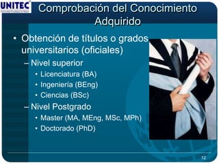 Comprobación del Conocimiento
              Adquirido
• Obtención de títulos o grados
  universitarios (oficiales)
  – Nivel superior
     • Licenciatura (BA)
     • Ingeniería (BEng)
     • Ciencias (BSc)
  – Nivel Postgrado
     • Master (MA, MEng, MSc, MPh)
     • Doctorado (PhD)


                                     12
 