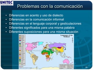 Problemas con la comunicación
•   Diferencias en acento y uso de dialecto
•   Diferencias en la comunicación informal
•   Diferencias en el lenguaje corporal y gesticulaciones
•   Diferentes significados para una misma palabra
•   Diferentes suposiciones para una misma situación




                                                            20
 