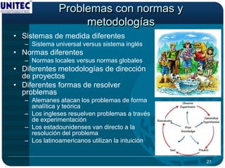 Problemas con normas y
                   metodologías
• Sistemas de medida diferentes
   – Sistema universal versus sistema inglés
• Normas diferentes
   – Normas locales versus normas globales
• Diferentes metodologías de dirección
  de proyectos
• Diferentes formas de resolver
  problemas
   – Alemanes atacan los problemas de forma
     analítica y teórica
   – Los ingleses resuelven problemas a través
     de experimentación
   – Los estadounidenses van directo a la
     resolución del problema
   – Los latinoamericanos utilizan la intuición


                                                  21
 
